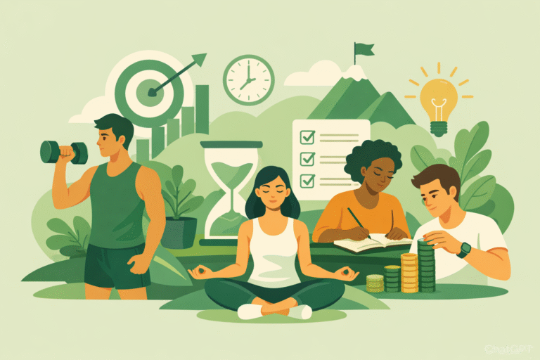 Men and women of different ethnicities showcasing the actions of exercising, reading, writing and saving money indicating being disciplined. The color scheme is muted shades of sage green with pop of muted yellow and orange and highlights of white.